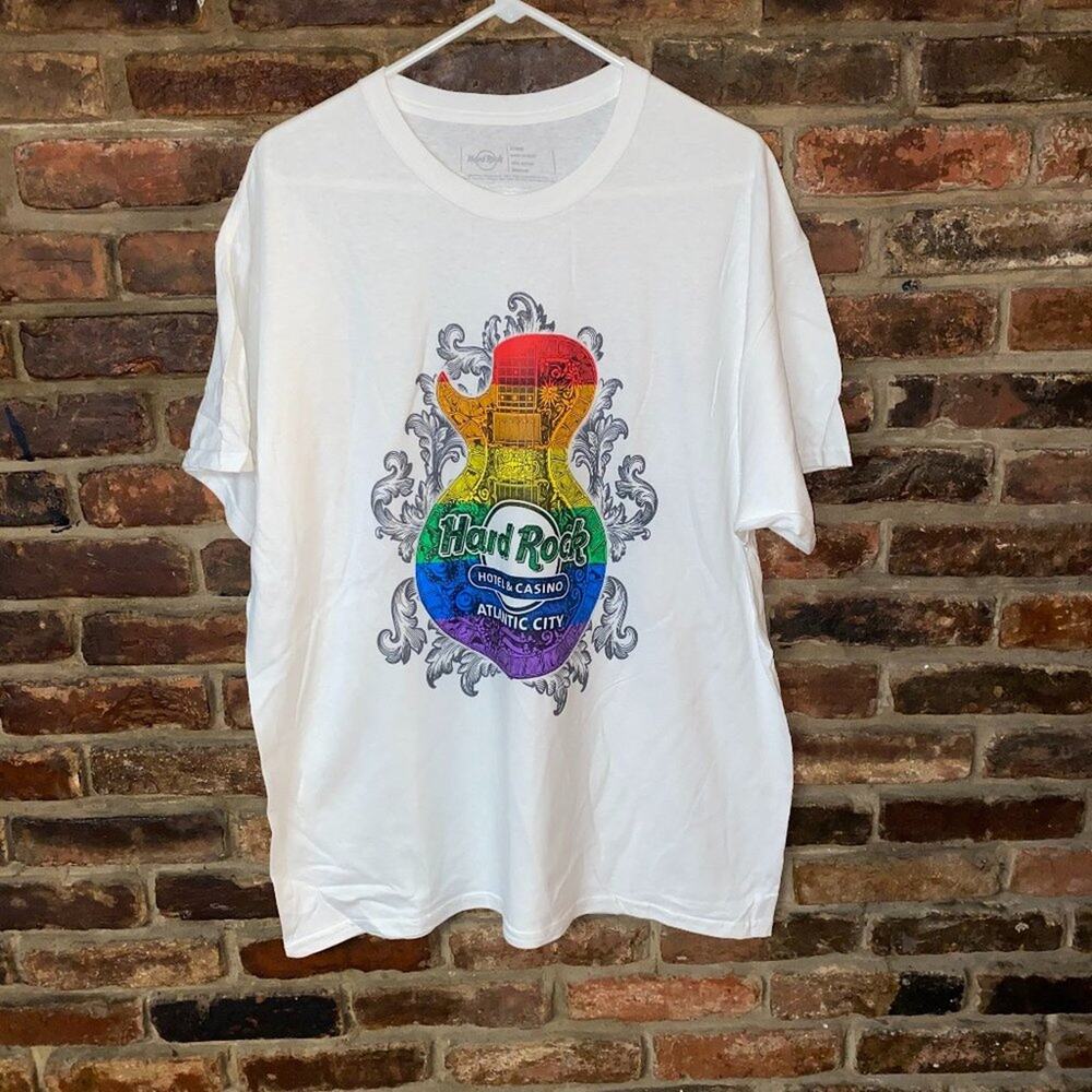 Hard Rock Atlantic City White Rainbow Graphic T-Shirt Men's Size Large